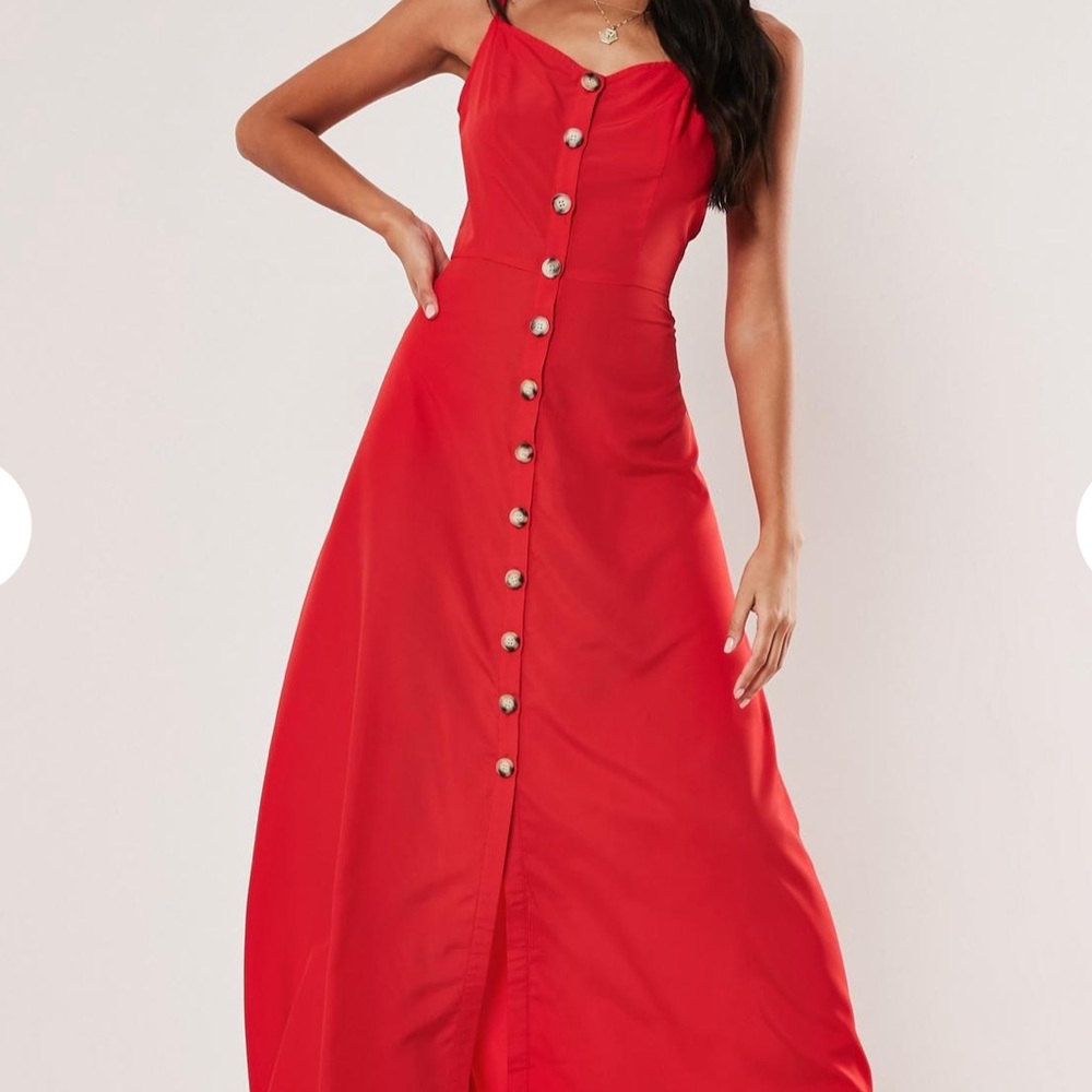 Missguided red cami horn button maxi dress